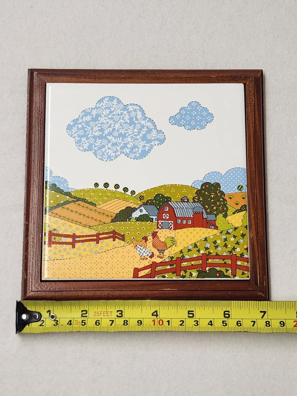 VTG Potpourri Press Wood Framed Ceramic Tile Trivet Art Farm Landscape Chickens